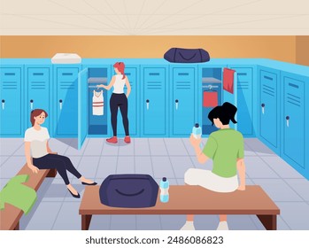 Vector scene from a sports wardrobe with girls changing clothes, basic necessities in the locker room: T-shirt, shorts, towel, water bottle and sports bag