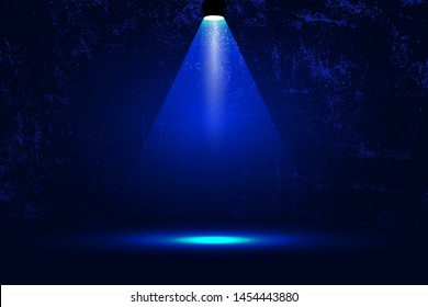 Vector scene spotlight bright blue light on the podium on a dark background of a shabby grunge wall in a nightclub. Mockup for design banner, invitation, advertising, billboard, illustration.