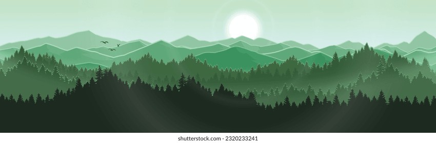 Escena vectorial de prados y montañas iluminados por el sol.
