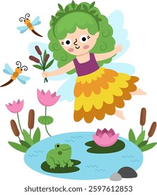 Vector scene with swamp fairy, reed, pond, dragonfly, water lily. Funny composition with girl. Cute scenery with magic princess with wings. Fantasy scene illustration. Fairytale picture for kid
