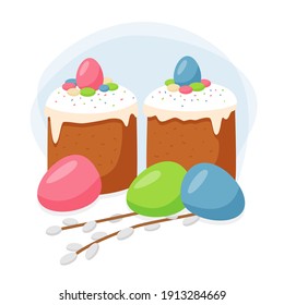 Vector scene with two Easter cakes, colored eggs and pussy willow branches. 