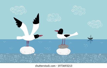 Vector scene with two seagulls on a background of the sea and sky. Vector hand drawn illustration.