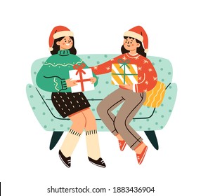 Vector scene of two sisters or girlfriends exchanging Christmas gifts. Cheerful illustration for the winter holiday in trendy cartoon style. elements are isolated.