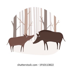 Vector scene with two wild boars in the winter forest. Two hogs stand in a clearing in the forest. Illustration in hand drawn style.