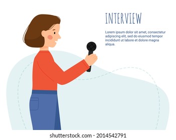 Vektorgrafik mit einer Frau interviewt. Interview-Konzept. Ein Mädchen redet. Ein Journalist, der ein Mikrofon hält. Vektorflache Illustration.