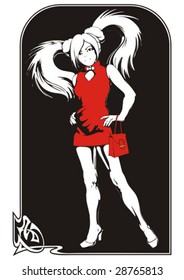 Vector scene of the young girl in red gown with bag.