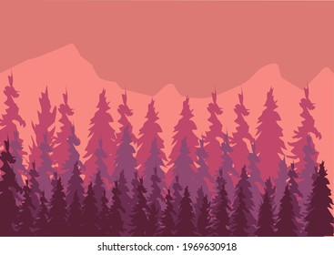 vector scenery of hills and mountains, abstract forest background, trees, tropical rainforest, wild landscape, night, moon. banners. backgrounds, posters, wall decorations