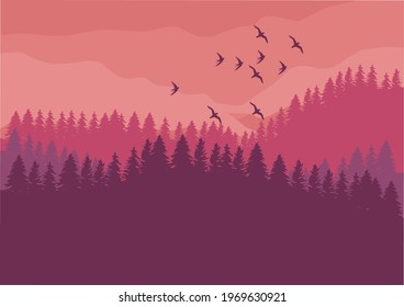 vector scenery of hills and mountains, abstract forest background, trees, tropical rainforest, wild landscape, night, moon. banners. backgrounds, posters, wall decorations