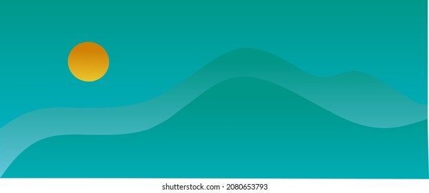vector scenery illustration with blue hills and blue misty silhouette, sunrise, great for banners and posters