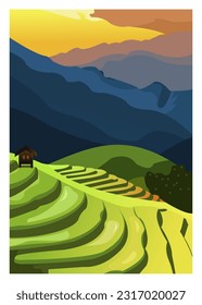 vector scenery of rice fields in the mountains of China which is very beautiful with natural scenery that makes the heart calm. sunset, green mountains.