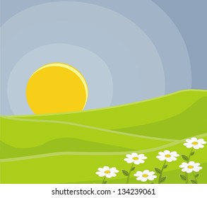 Vector scenery - sun, meadow, flowers