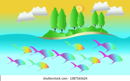 Vector scenery that shows fish, sea, trees, islands, sky. Beautiful scenery in simple illustrations.