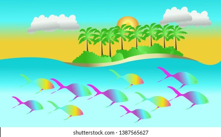 Vector scenery that shows fish, sea, trees, islands, sky. Beautiful scenery in simple illustrations.