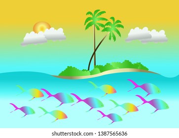 Vector scenery that shows fish, sea, trees, islands, sky. Beautiful scenery in simple illustrations.