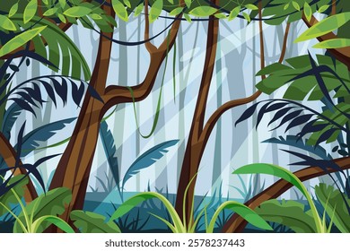 Vector scenery of tropical forest or jungle. Rainforest with lush foliage and trees, nature biodiversity. Exotic flora wildlife outdoor. Scenic and landscape ecosystem. Humid climate scenery sign.