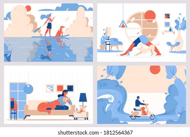 Vector scenes about dogs and owners love. Travelling with puppies, yoga and sport with pets. Vibrant colors, lovely characters