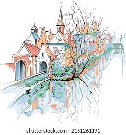 Vector scenic city sketch, view of Bruges canal with beautiful medieval houses and church, Belgium