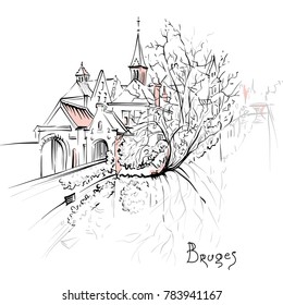 Vector scenic city sketch, view of Bruges canal with beautiful medieval houses and church, Belgium