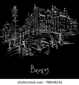 Vector scenic city sketch, view of Bruges canal and bridge with beautiful medieval houses, Belgium. White on black