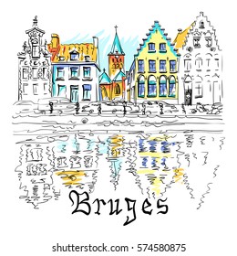 Vector scenic city view of Bruges canal with beautiful medieval houses, Belgium