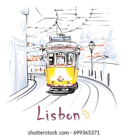 Vector Scenic city view of Famous vintage yellow 28 tram on street of Alfama, the oldest district of the Old Town, Lisbon, Portugal.