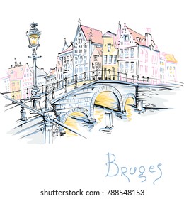 Vector scenic color city sketch, view of Bruges canal and bridge with beautiful medieval houses, Belgium