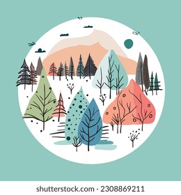 Vektorgrafik einer Landschaft mit Bäumen und Bergen im Hintergrund, die einen Kreis bilden
