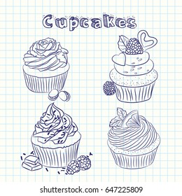 Vector scetch cupcake. Sheet background