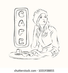 Vector scetch girl in cafe