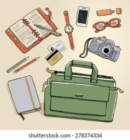 Vector scetch illustration with collection of business work-flow items and elements, office things and equipment, finance and marketing objects. Top view Isolated on beige background.