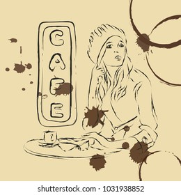 Vector scetch woman in cafe
