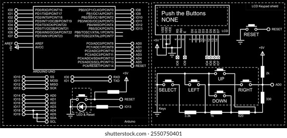 Vector schematic diagram of arduino electronic device.
Connecting keyboard and alphanumeric display 
to arduino board. Technic computer cad circuit design. Technology educational scheme.