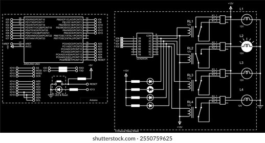 
Diagrama esquemático de Vector del dispositivo electrónico Arduino.
Lámpara de conexión, relé de cuatro canales, circuito integrado
A la Junta de Arduino. Diseño técnico de tarjeta de computadora. 
Plan educativo de la Tecnología.