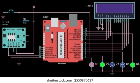 Vector schematic diagram of arduino electronic device.
Connecting alphanumeric display, led, integrated circuit
to arduino board. Technic computer cad design.
Technology educational scheme.