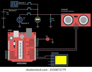 
Vector schematic diagram of arduino electronic device.
Connecting sensor, led, digital signal source, battery, voltmeter
to arduino board. Technic computer cad design.
Technology educational scheme.