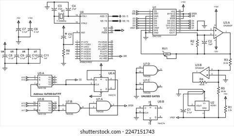 Vector schematic diagram. 
A complex large electrical circuit of an electronic device, operating 
under the control of a microcontroller.