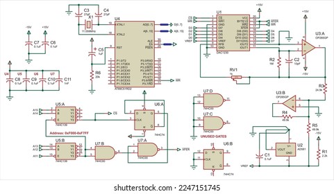 Vector schematic diagram. 
A complex large electrical circuit of an electronic device, operating 
under the control of a microcontroller.