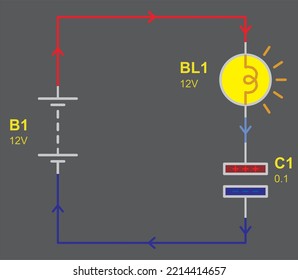 Vector schematic diagram of
electrical circuit with capacitor, lamp and battery. Physical properties of conductors. The flow of positively and
negatively charged electrons.