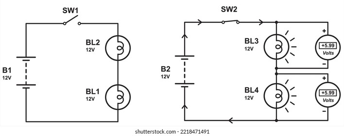 Vector schematic diagram of
electrical circuit with lamp, constant
voltage source (battery), button and and a measuring device (voltmeter).
Physical properties of conductors. Flow of charged electrons