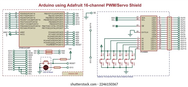 Vector schematic diagram of an electronic device on the arduino.
Connecting the 16-channel pwmservo shield to the arduino. 