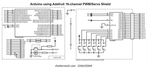 Vector schematic diagram of an electronic device on the arduino.
Connecting the 16-channel pwmservo shield to the arduino. 