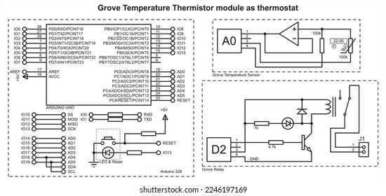 Vector schematic diagram of an electronic device on the arduino.
Grove temperature thermistor module as thermostat. 
Grove thermostat using temperature sensor and relay modules