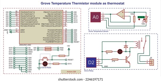 Vector schematic diagram of an electronic device on the arduino.
Grove temperature thermistor module as thermostat. 
Grove thermostat using temperature sensor and relay modules