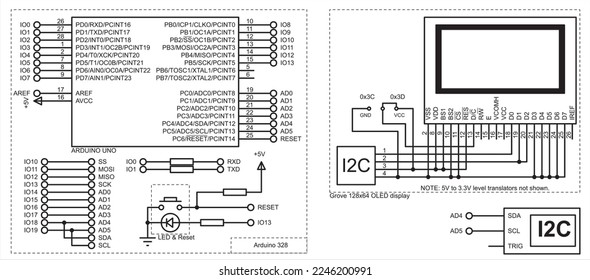 Vector schematic diagram of an electronic device on the arduino.
I2C graphic OLED display.