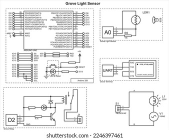 Vector schematic diagram of an electronic device on the arduino.
Grove light sensor, terminal and relay.
Connecting the lamp to a source of alternating sinusoidal voltage.