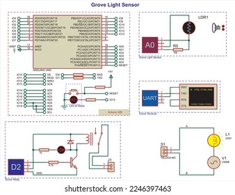 Vector schematic diagram of an electronic device on the arduino.
Grove light sensor, terminal and relay.
Connecting the lamp to a source of alternating sinusoidal voltage.