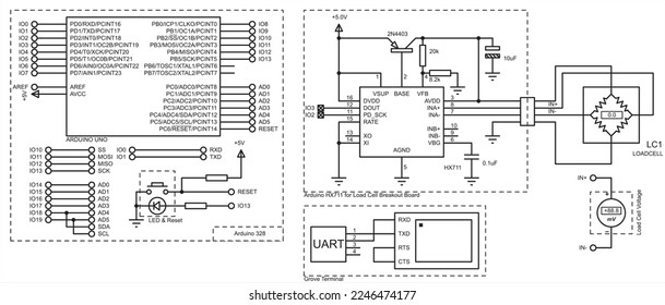 Vector schematic diagram of an electronic device on the arduino.
Connecting the load cell and voltmeter to the arduino. 