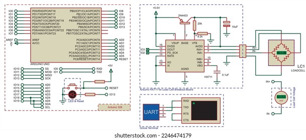 Vector schematic diagram of an electronic device on the arduino.
Connecting the load cell and voltmeter to the arduino. 