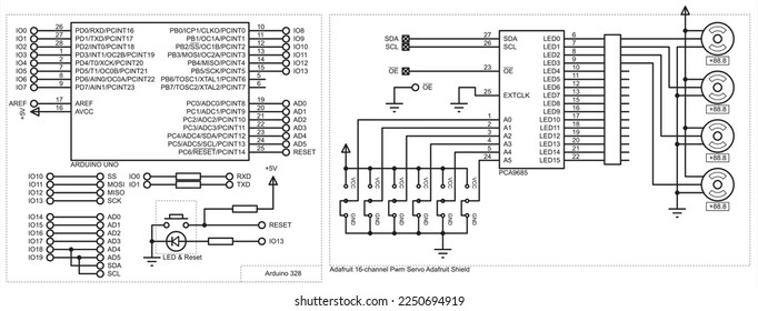 Vector schematic diagram of an electronic device on the arduino with
motors.