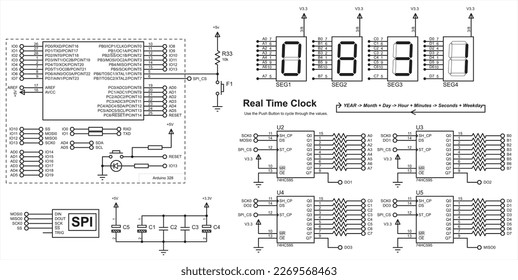 Vektordiagramm eines elektronischen Gerätes auf dem Archiv.
Datenübertragung über die SPI-Schnittstelle.
Echtzeituhr auf der Grundlage von Mikrocontroller und
Indikatoren mit sieben Segmenten. Reihe von Kondensatoren